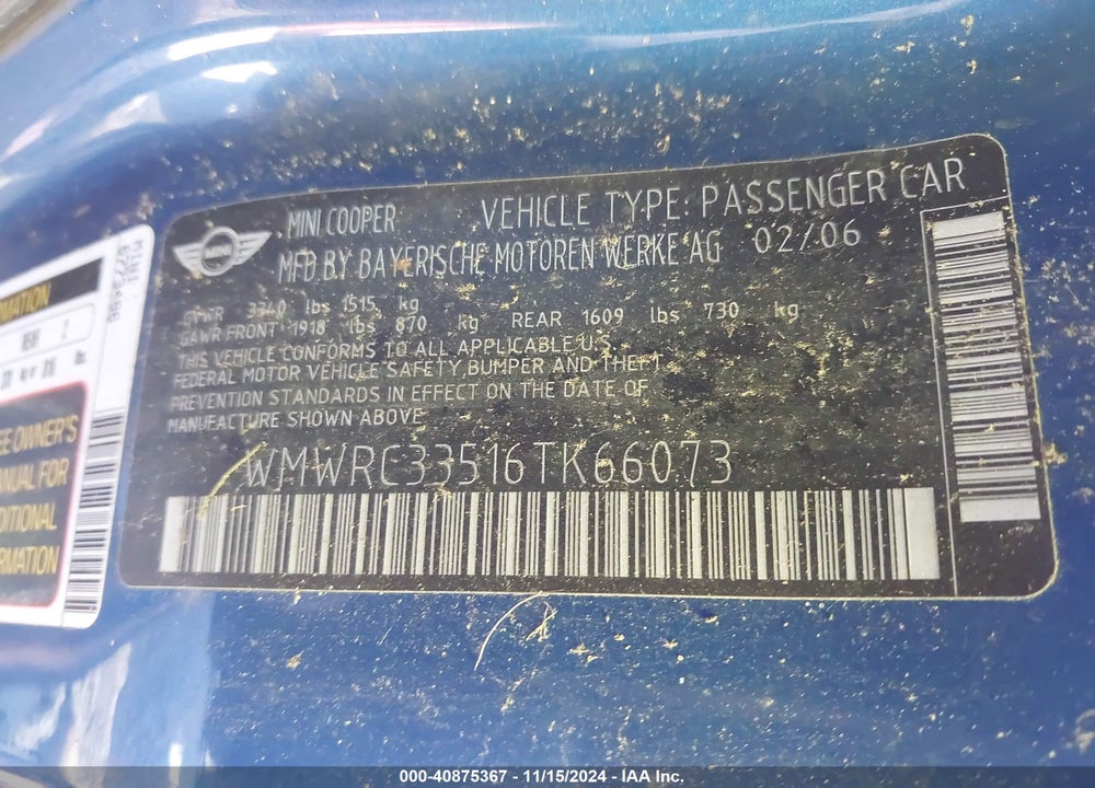 2006 MINI COOPER VIN: WMWRC33516TK66073
