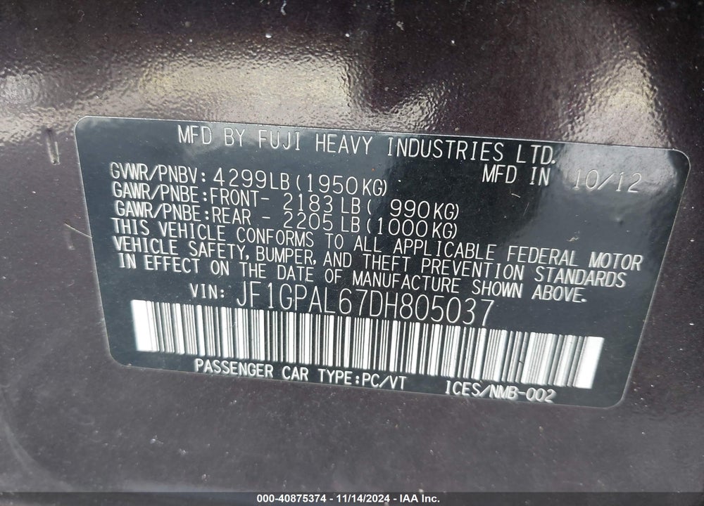 2013 SUBARU IMPREZA 2.0I SPORT PREMIUM VIN: JF1GPAL67DH805037