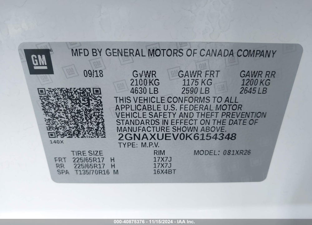 2019 CHEVROLET EQUINOX LT VIN: 2GNAXUEV0K6154348