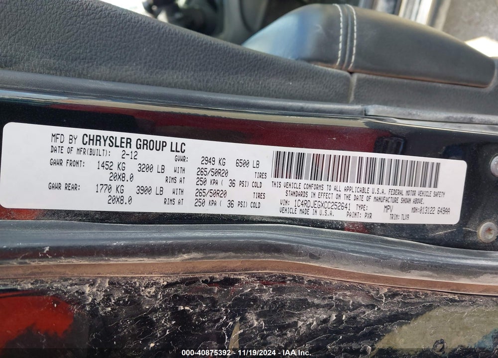 2012 DODGE DURANGO CITADEL VIN: 1C4RDJEGXCC252641