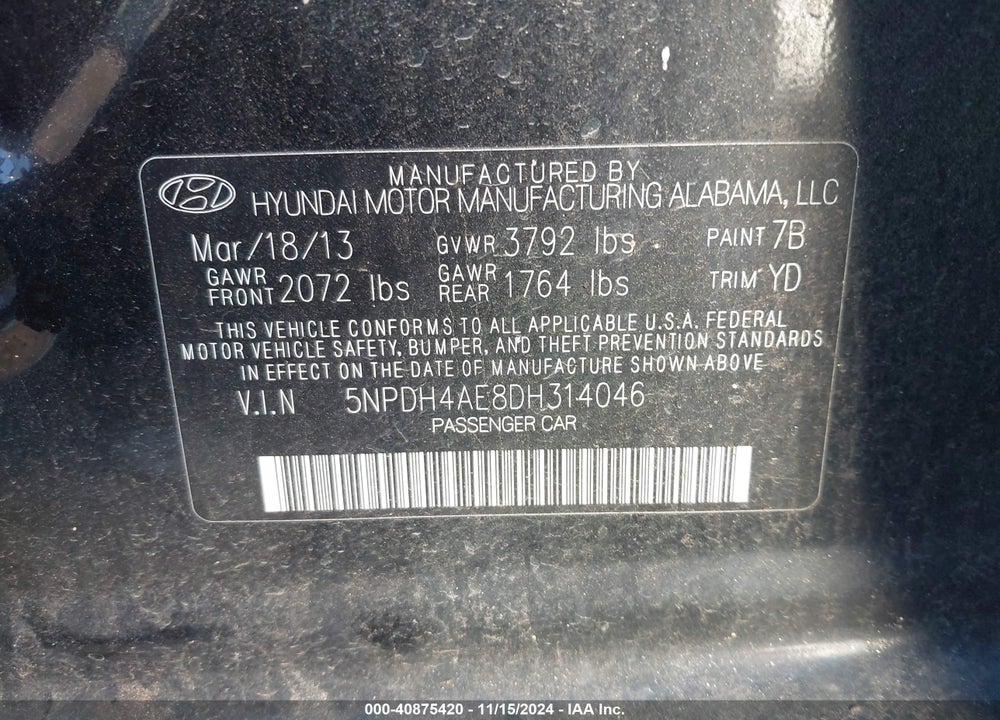2013 HYUNDAI ELANTRA GLS VIN: 5NPDH4AE8DH314046