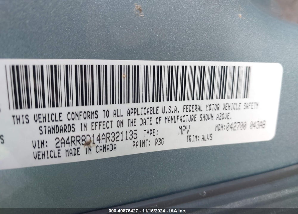 2010 CHRYSLER TOWN & COUNTRY TOURING PLUS VIN: 2A4RR8D14AR321135