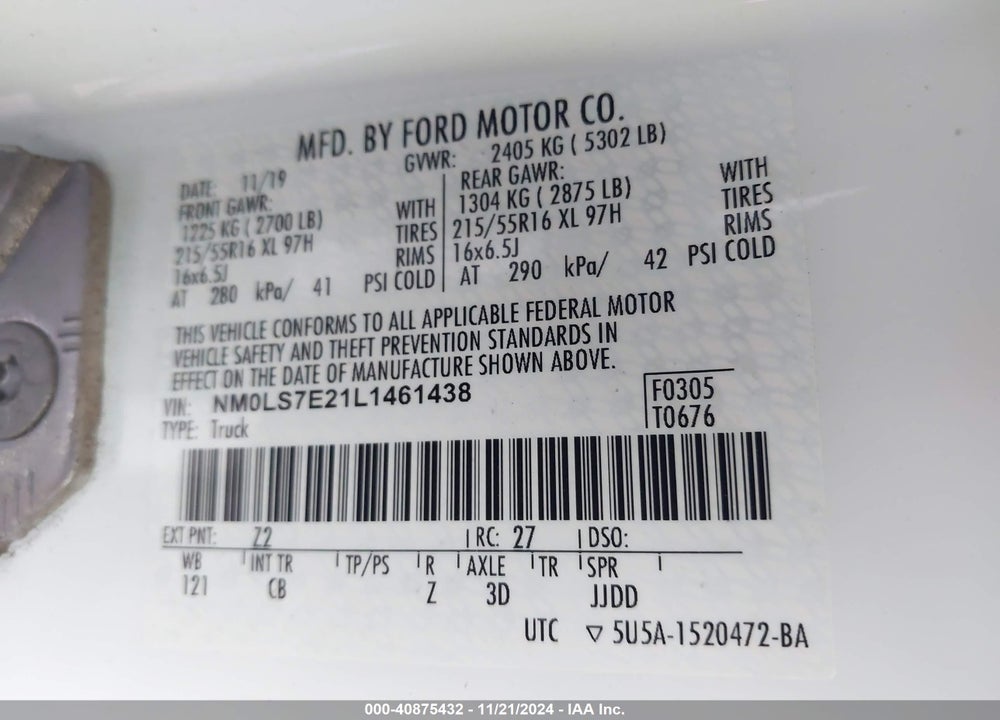 2020 FORD TRANSIT CONNECT XL CARGO VAN VIN: NM0LS7E21L1461438