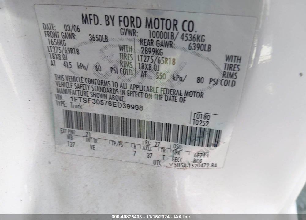 2006 FORD F-350 XL/XLT VIN: 1FTSF30576ED39998
