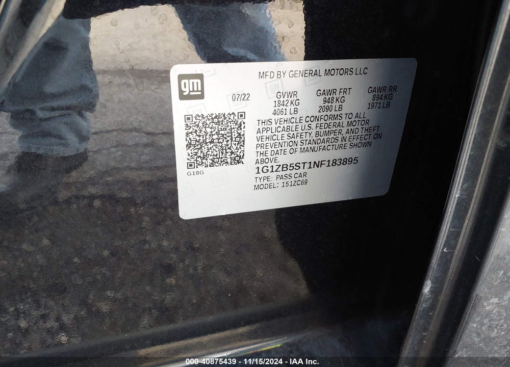 2022 CHEVROLET MALIBU FWD LS VIN: 1G1ZB5ST1NF183895