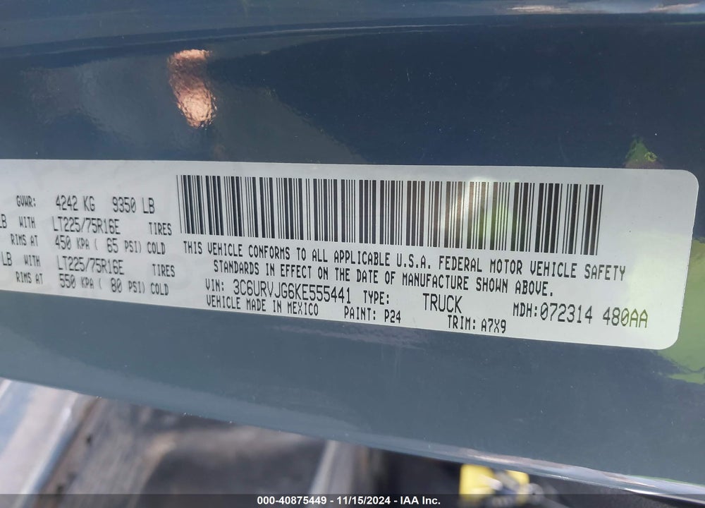 2019 RAM PROMASTER 3500 CARGO VAN HIGH ROOF 159 WB EXT VIN: 3C6URVJG6KE555441