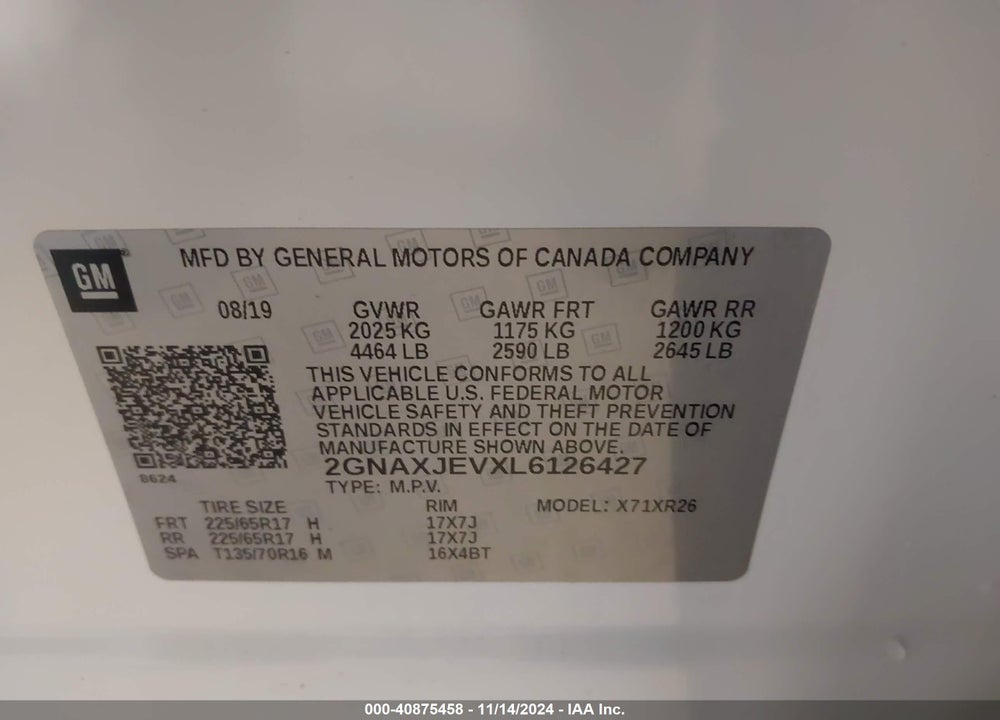 2020 CHEVROLET EQUINOX FWD 2FL VIN: 2GNAXJEVXL6126427