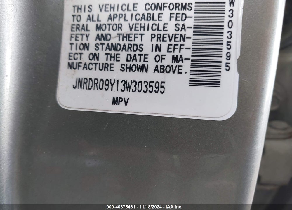 2003 INFINITI QX4 LUXURY VIN: JNRDR09Y13W303595