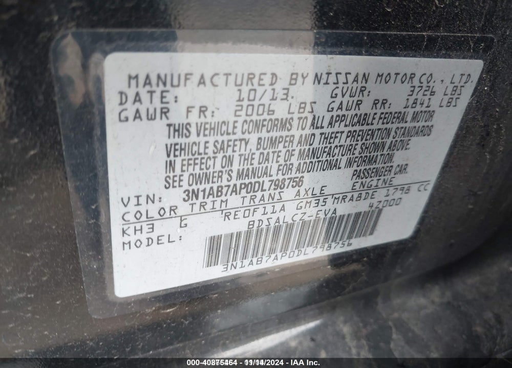 2013 NISSAN SENTRA S VIN: 3N1AB7AP0DL798756