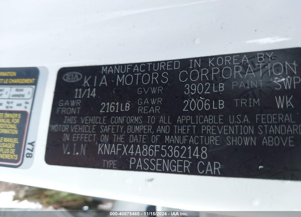 2015 KIA FORTE EX VIN: KNAFX4A86F5362148