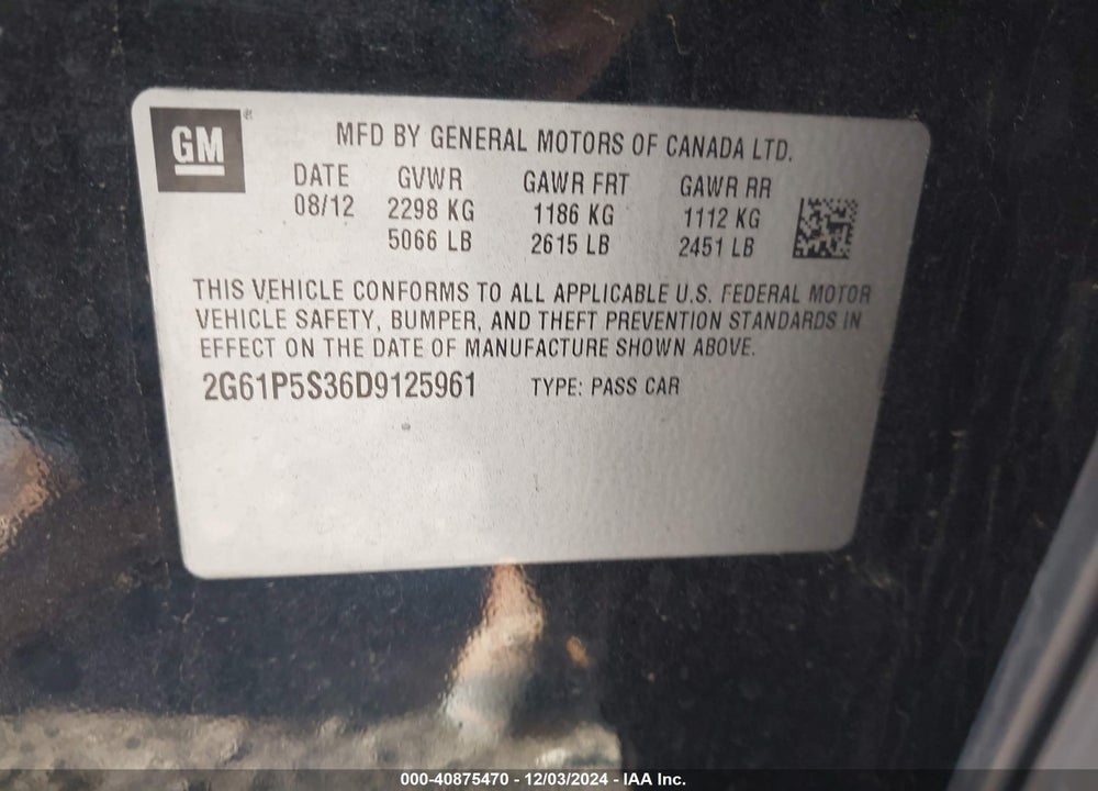 2013 CADILLAC XTS VIN: 2G61P5S36D9125961