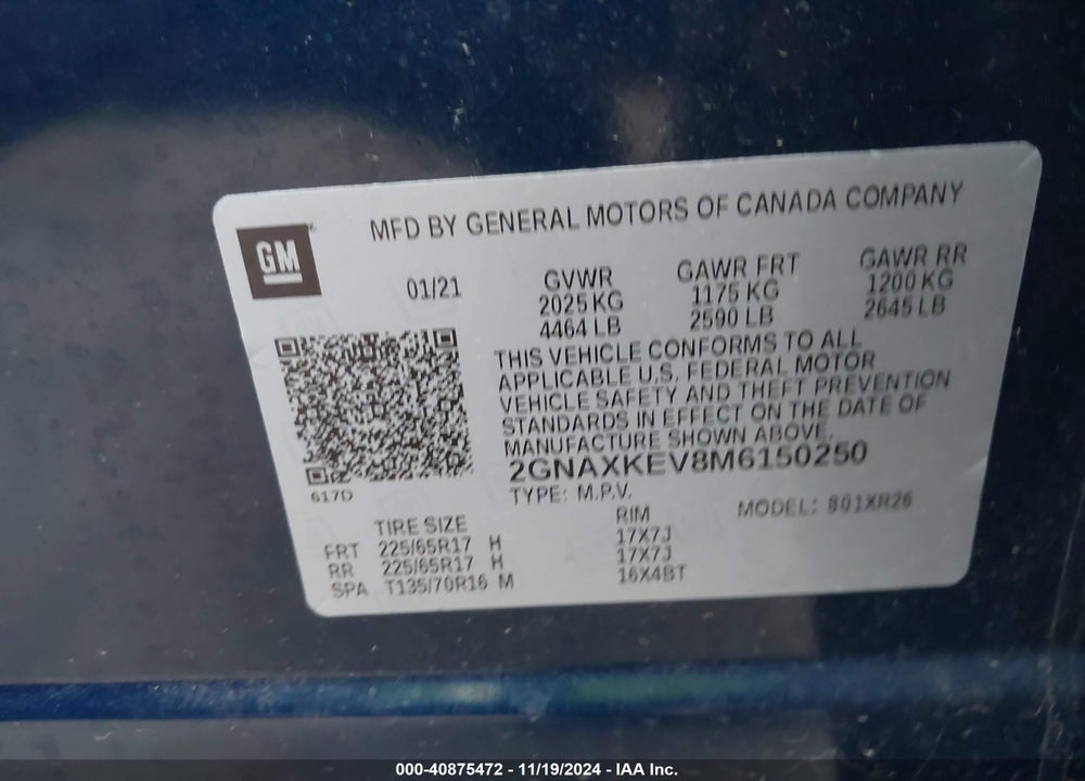2021 CHEVROLET EQUINOX FWD LT VIN: 2GNAXKEV8M6150250