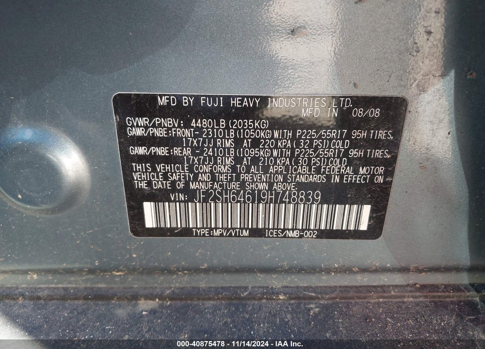 2009 SUBARU FORESTER (NATL) X LIMITED VIN: JF2SH64619H748839