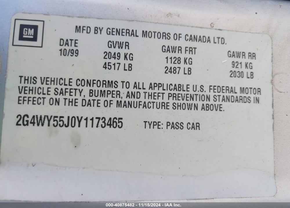 2000 BUICK CENTURY LIMITED VIN: 2G4WY55J0Y1173465