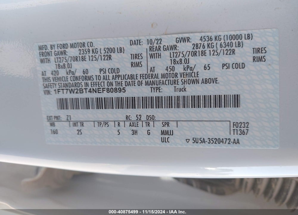 2022 FORD F-250 XLT VIN: 1FT7W2BT4NEF80895