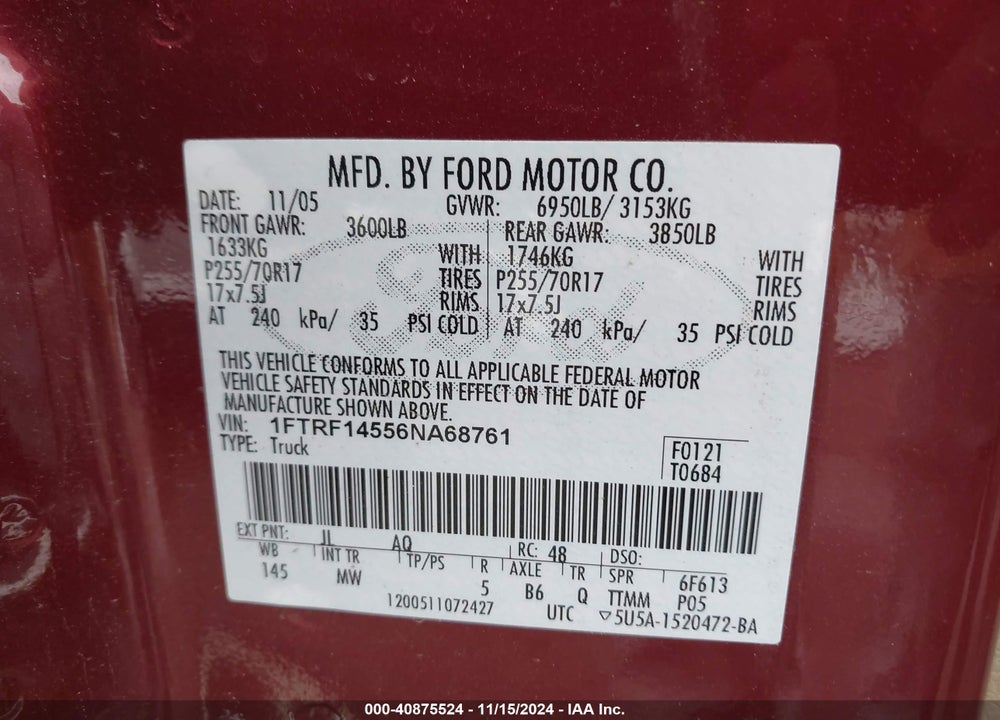 2006 FORD F-150 FX4/XL/XLT VIN: 1FTRF14556NA68761