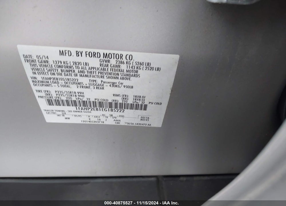 2014 FORD TAURUS SEL VIN: 1FAHP2E81EG185222