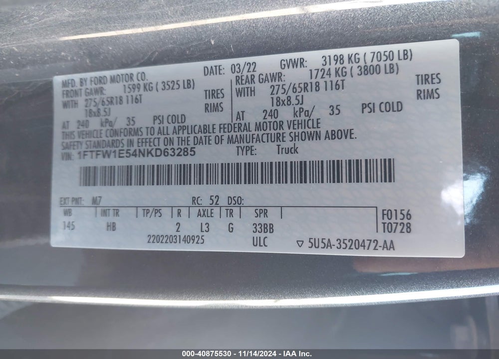 2022 FORD F-150 LARIAT VIN: 1FTFW1E54NKD63285