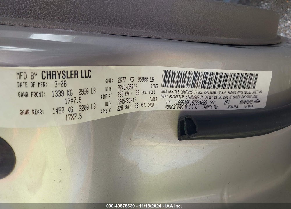 2008 JEEP GRAND CHEROKEE LAREDO VIN: 1J8GR48K18C204083