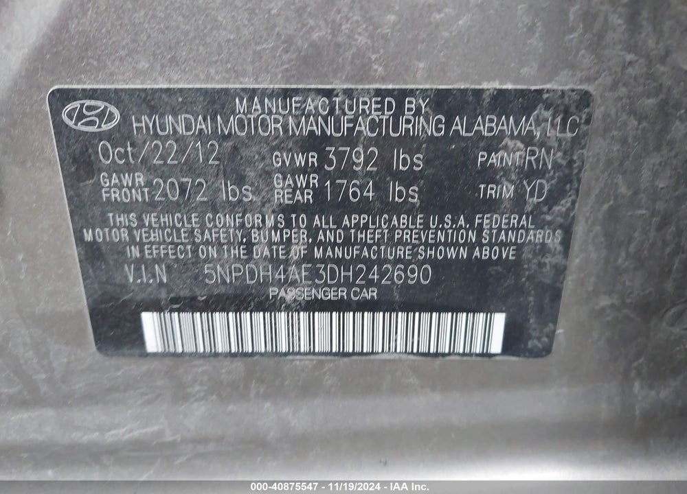 2013 HYUNDAI ELANTRA GLS VIN: 5NPDH4AE3DH242690