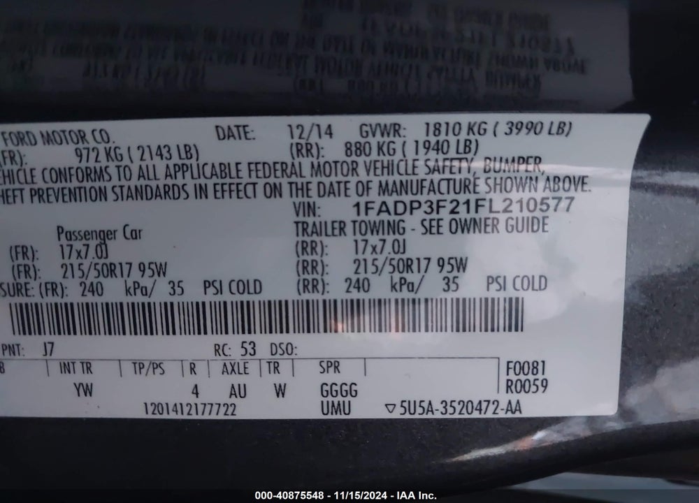 2015 FORD FOCUS SE VIN: 1FADP3F21FL210577