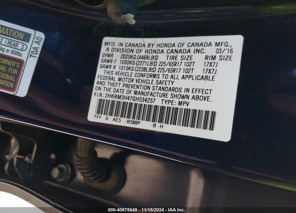 2016 HONDA CR-V VIN: 2HKRM3H47GH534257