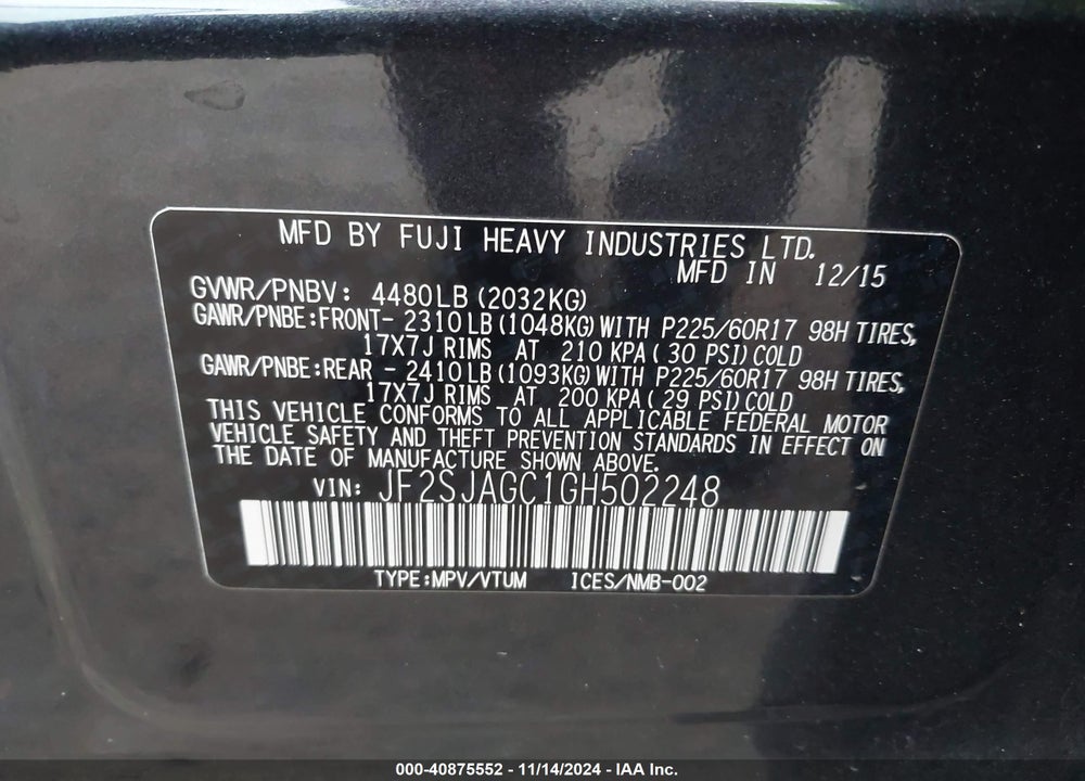 2016 SUBARU FORESTER 2.5I PREMIUM VIN: JF2SJAGC1GH502248