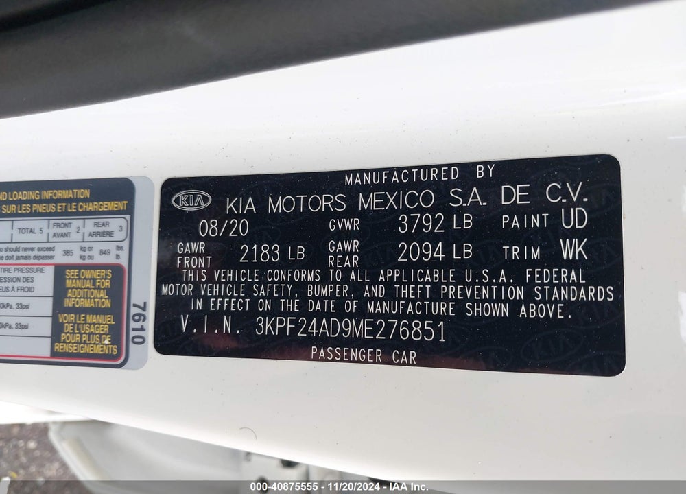 2021 KIA FORTE LXS VIN: 3KPF24AD9ME276851