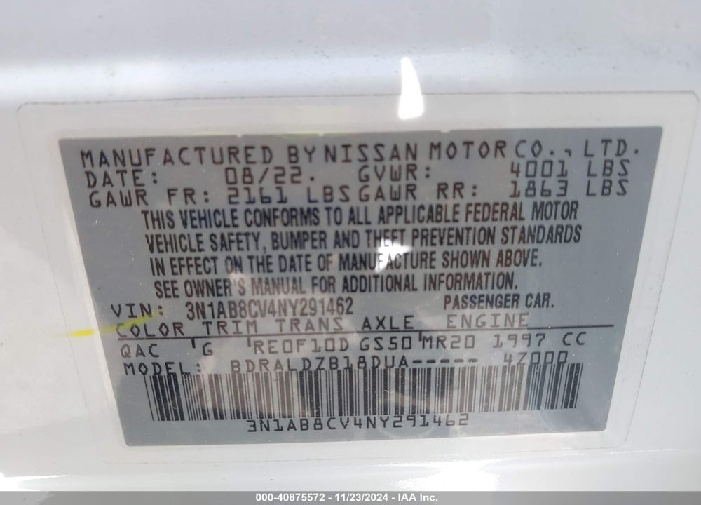 2022 NISSAN SENTRA SV XTRONIC CVT VIN: 3N1AB8CV4NY291462