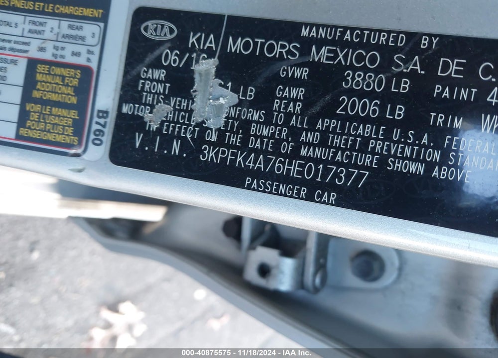 2017 KIA FORTE LX VIN: 3KPFK4A76HE017377
