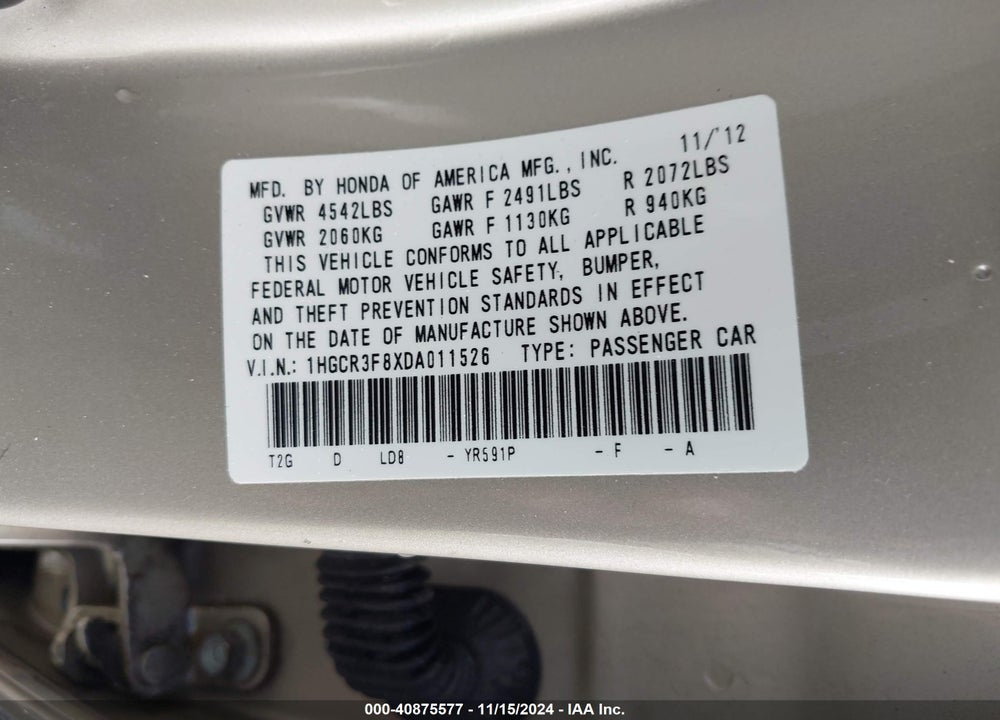 2013 HONDA ACCORD EX-L V-6 VIN: 1HGCR3F8XDA011526