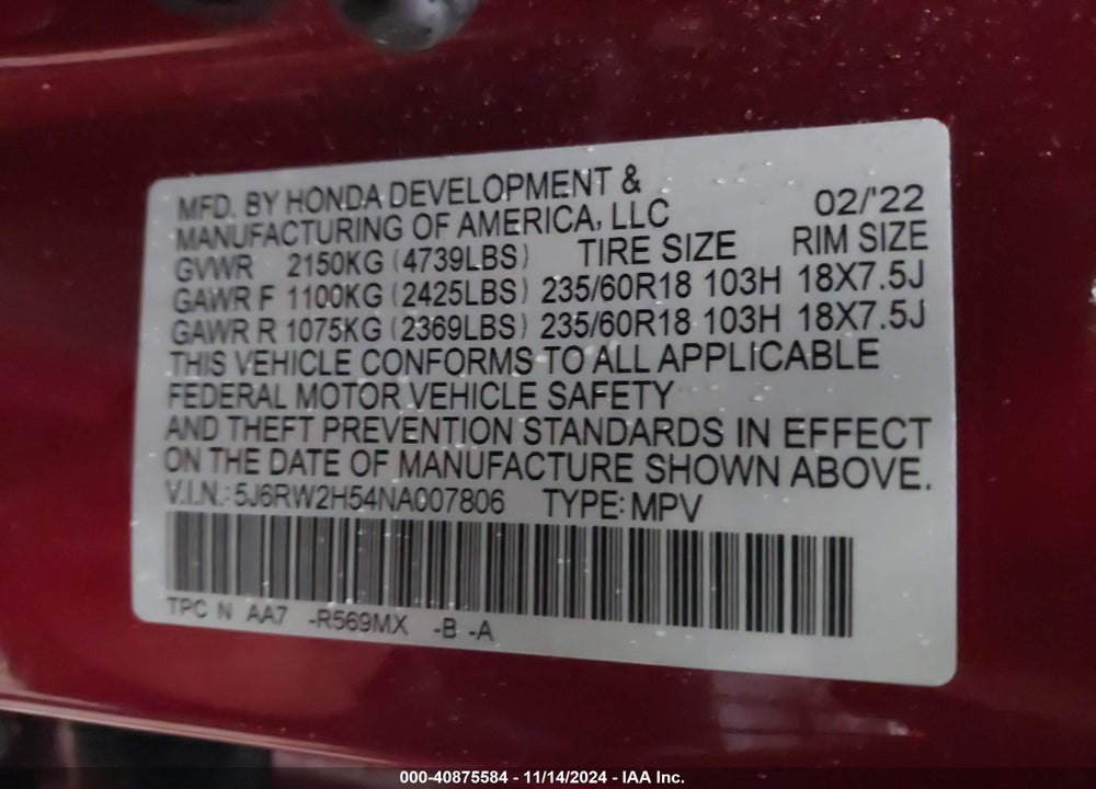 2022 HONDA CR-V AWD EX VIN: 5J6RW2H54NA007806
