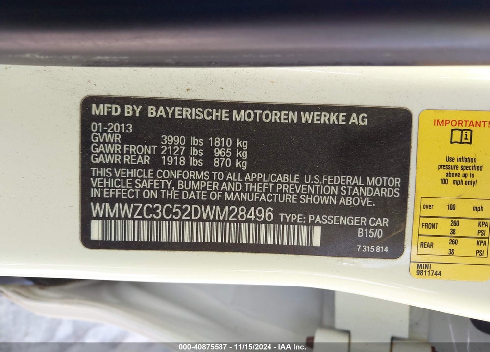 2013 MINI COUNTRYMAN COOPER S VIN: WMWZC3C52DWM28496