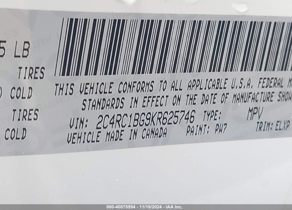 2019 CHRYSLER PACIFICA TOURING L VIN: 2C4RC1BG9KR625746