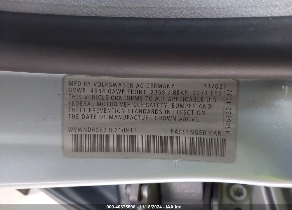 2003 VOLKSWAGEN PASSAT GL VIN: WVWND63B23E210911