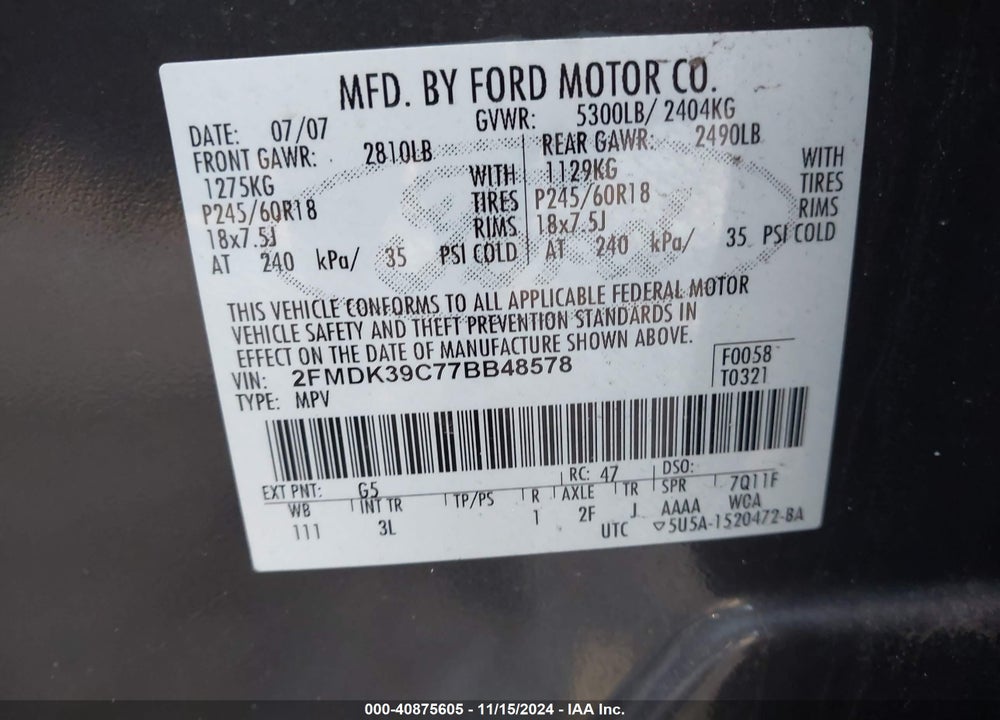 2007 FORD EDGE SEL PLUS VIN: 2FMDK39C77BB48578