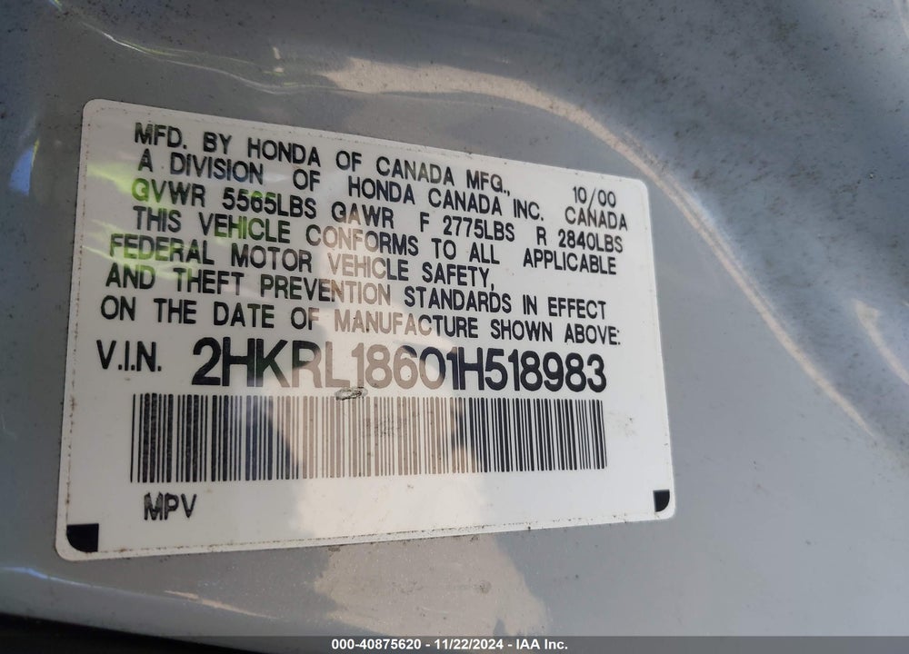 2001 HONDA ODYSSEY EX VIN: 2HKRL18601H518983