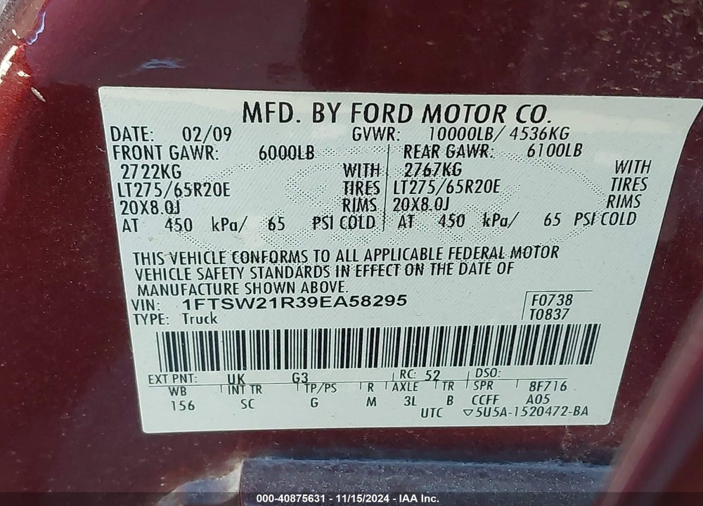 2009 FORD F-250 FX4/HARLEY-DAVIDSON/KING RANCH/LARIAT/XL/XLT VIN: 1FTSW21R39EA58295