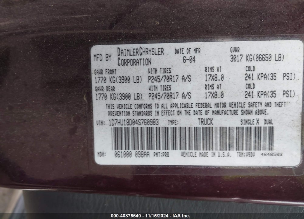 2004 DODGE RAM 1500 SLT/LARAMIE VIN: 1D7HU18D04S760983