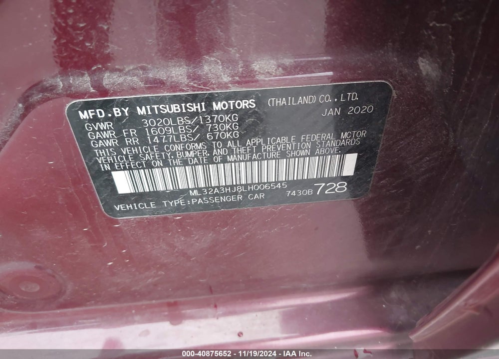 2020 MITSUBISHI MIRAGE ES/SE VIN: ML32A3HJ8LH006545