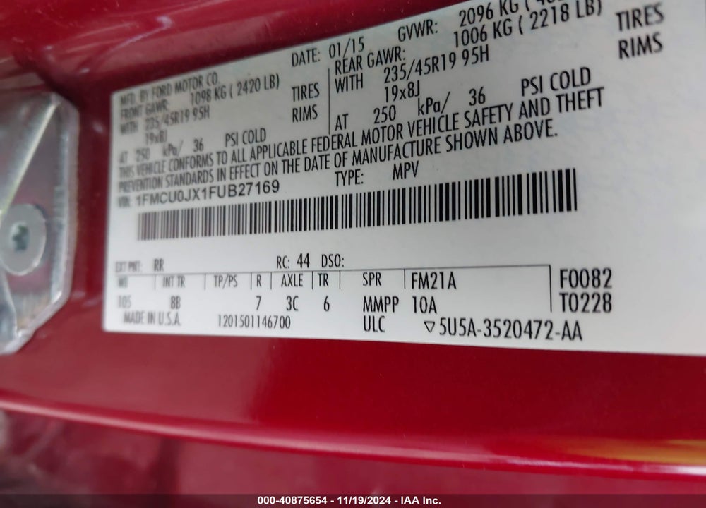 2015 FORD ESCAPE TITANIUM VIN: 1FMCU0JX1FUB27169