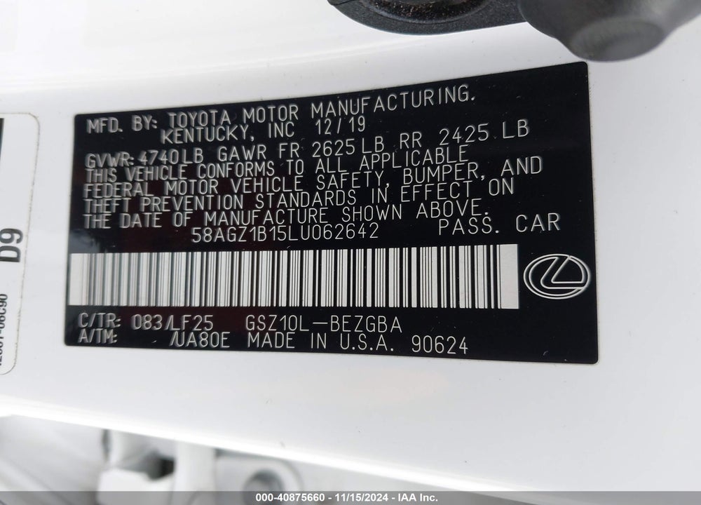 2020 LEXUS ES 350 F-SPORT VIN: 58AGZ1B15LU062642