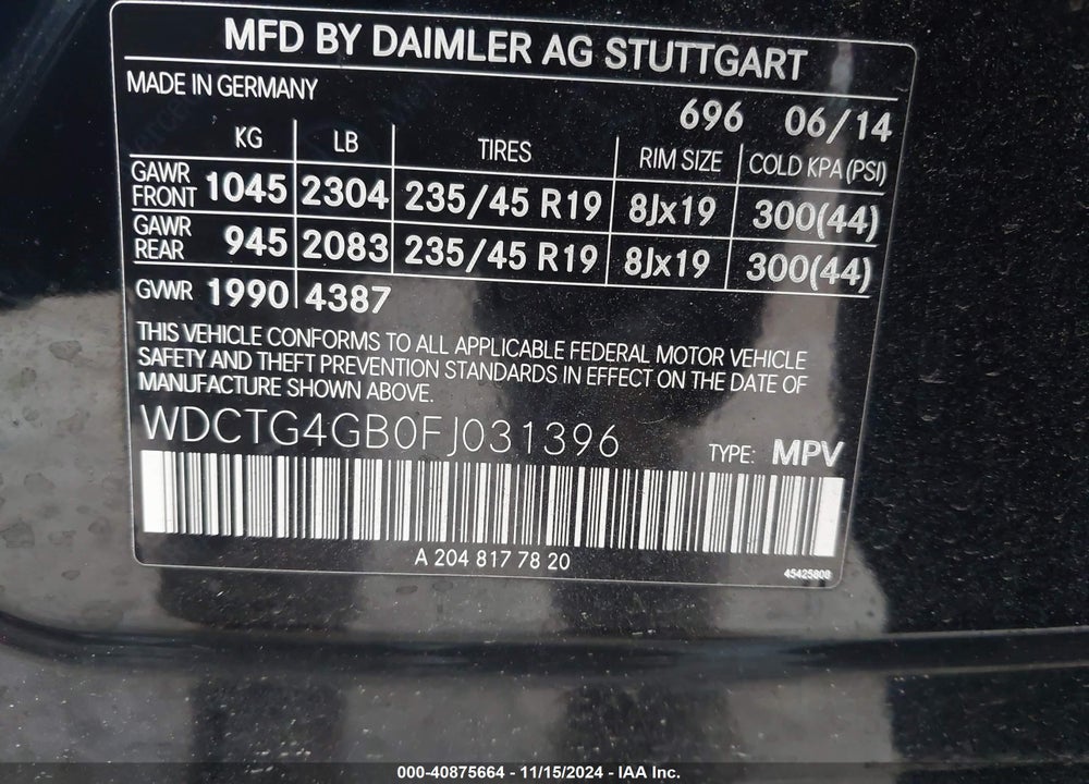 2015 MERCEDES-BENZ GLA 250 4MATIC VIN: WDCTG4GB0FJ031396