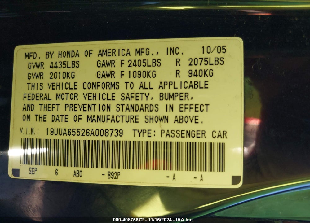2006 ACURA TL VIN: 19UUA65526A008739