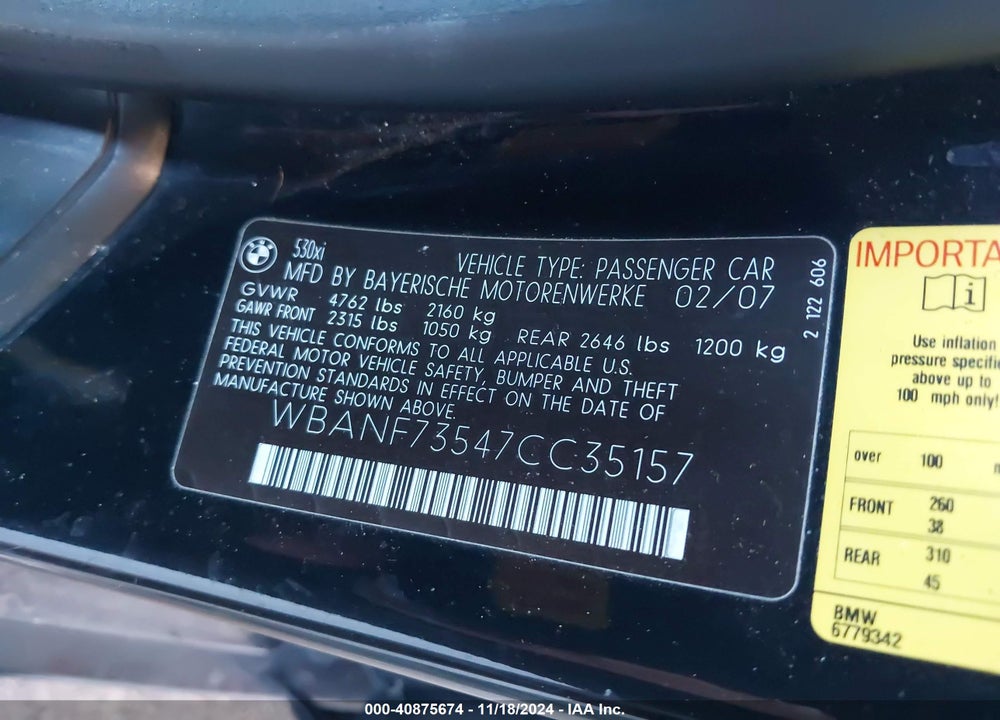 2007 BMW 530XI VIN: WBANF73547CC35157