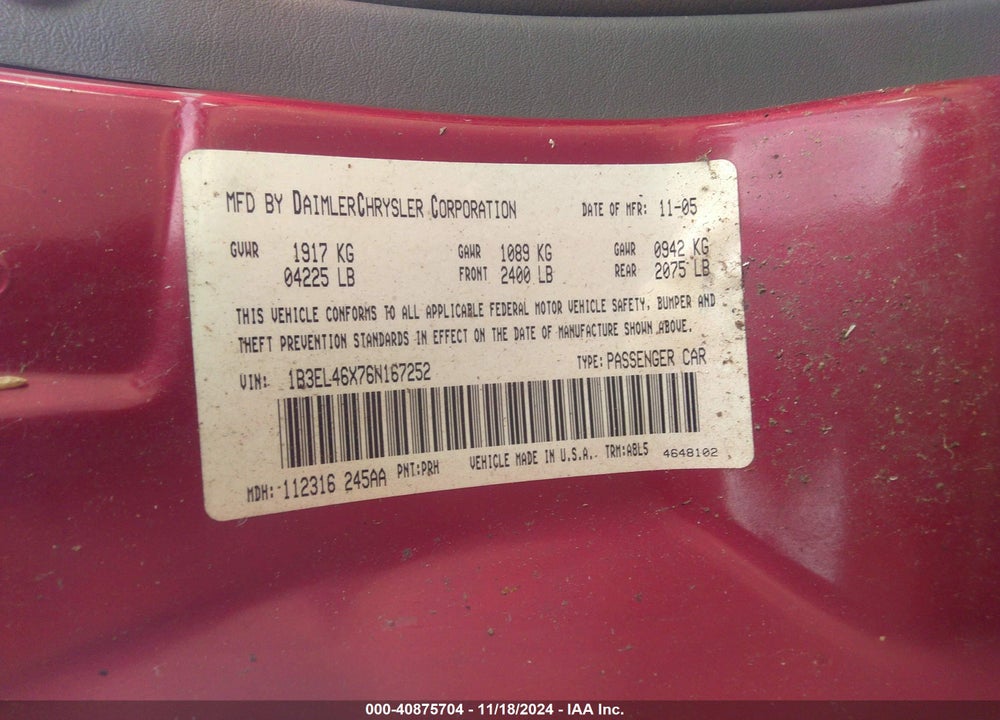 2006 DODGE STRATUS SXT VIN: 1B3EL46X76N167252
