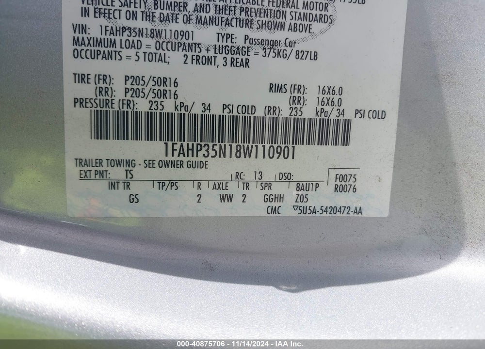 2008 FORD FOCUS SE/SES VIN: 1FAHP35N18W110901