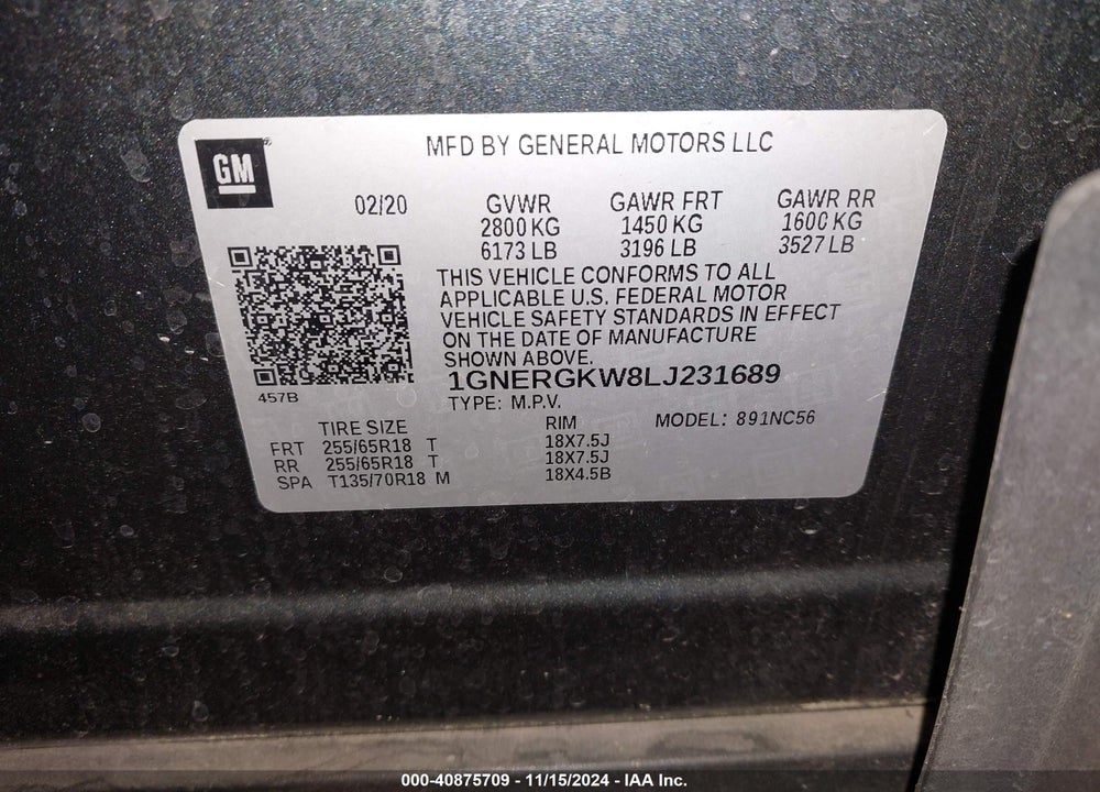 2020 CHEVROLET TRAVERSE FWD LT CLOTH VIN: 1GNERGKW8LJ231689