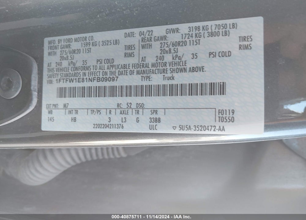 2022 FORD F-150 LARIAT VIN: 1FTFW1E81NFB09097