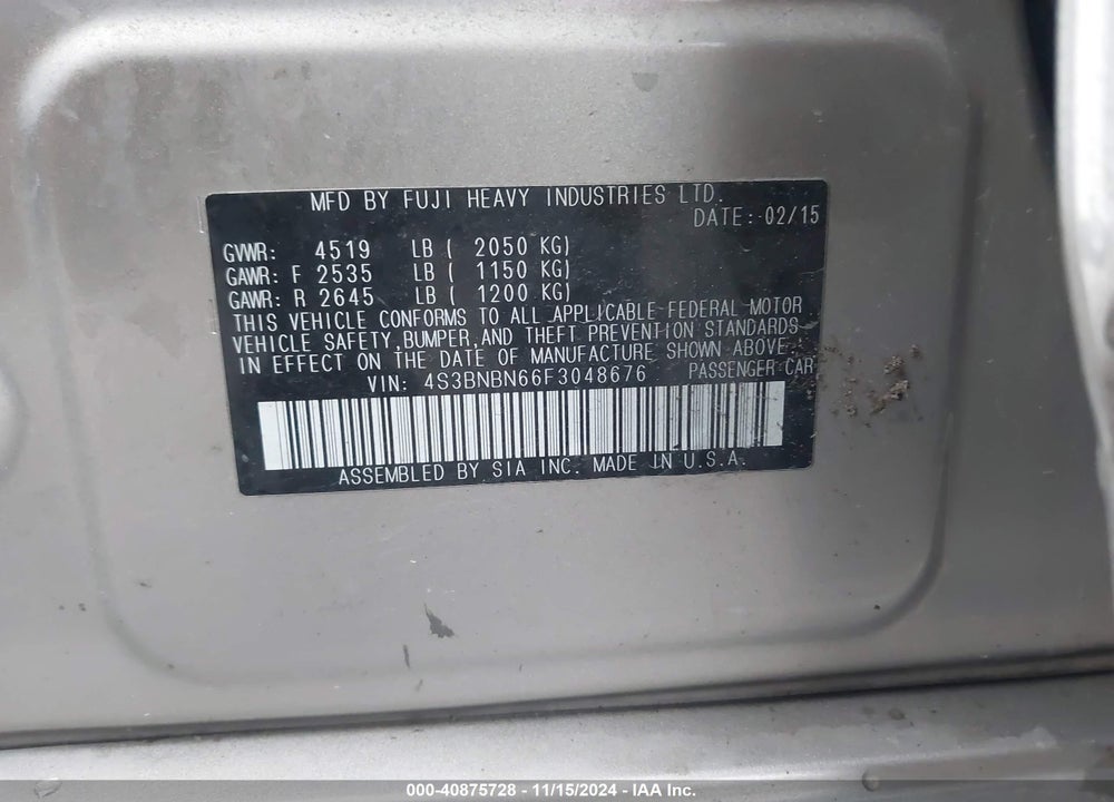 2015 SUBARU LEGACY 2.5I LIMITED VIN: 4S3BNBN66F3048676